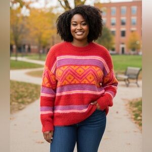 Holiday Lane Cozy Red and Orange Patterned Sweater